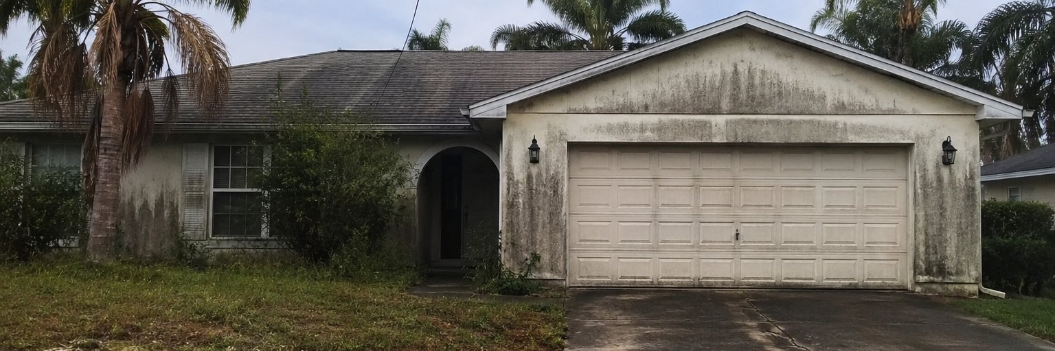 House exterior before soft wash — algae and mildew on stucco